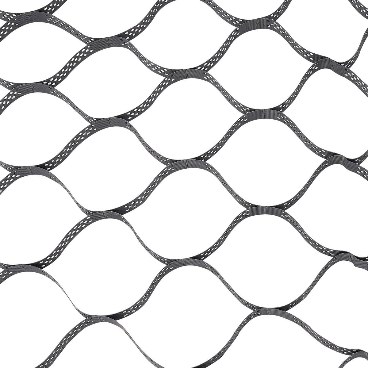 Black plastic ground geocell grid with wavy hex openings, 2-inch depth