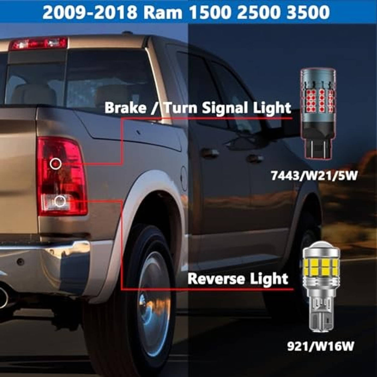 LED tail light bulbs for pickup rear: red brake/turn and white reverse light bulbs