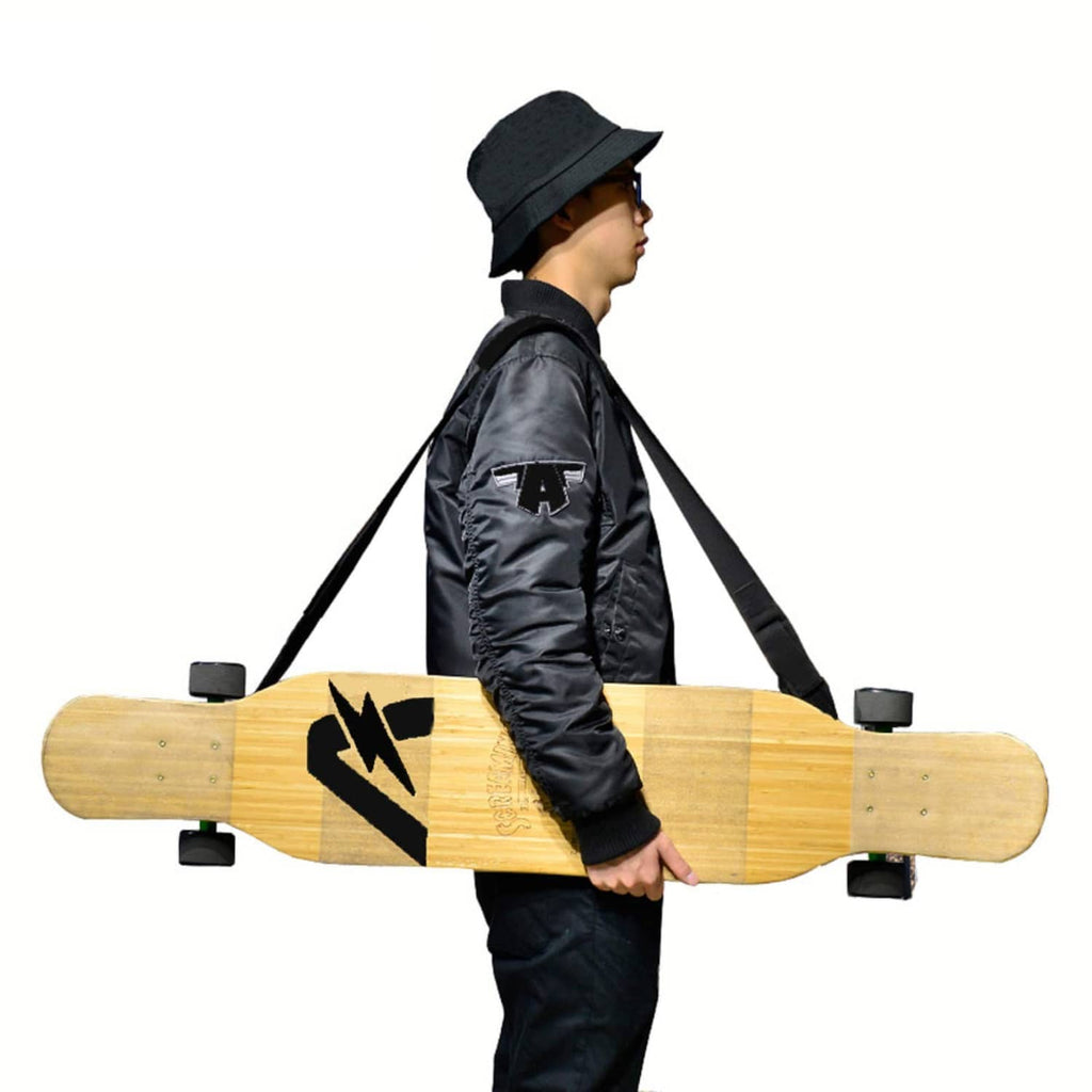 Black longboard sling shoulder carrier backpack with straps, worn carry stance.
