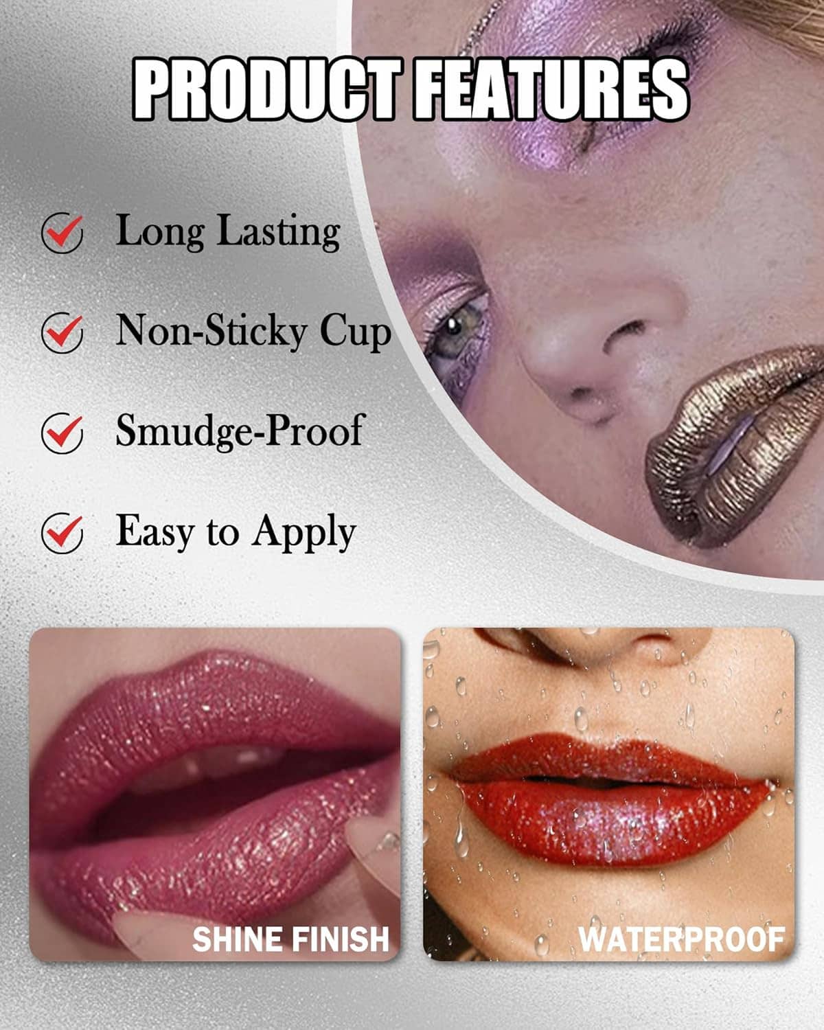 Rose pink metallic glitter matte lipstick in black case, applicator tip shown