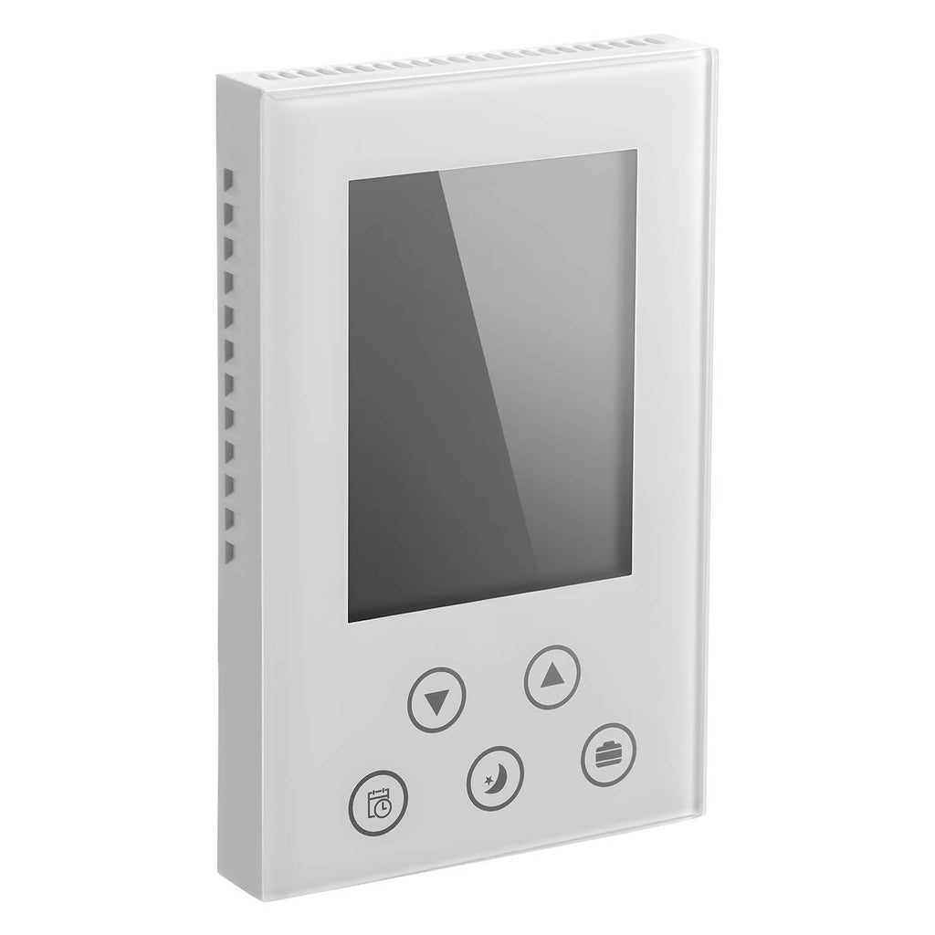 White thermostat front panel with dark screen and round control buttons