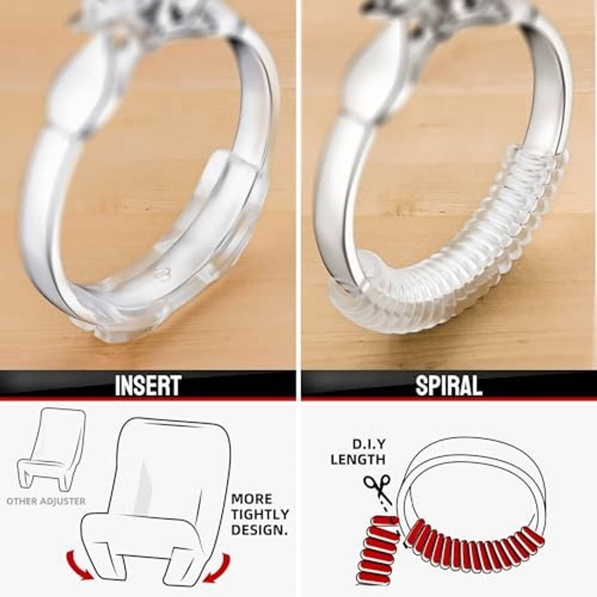 Ring size adjuster close-up: clear insert and spiral band on a ring