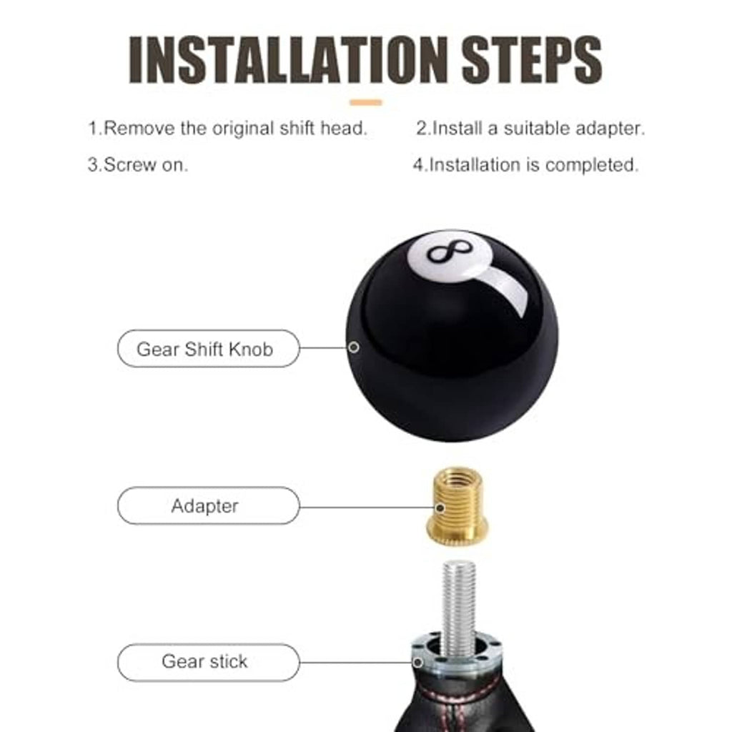 Black 8-ball shift knob with gold threaded adapter and gear stick installation diagram