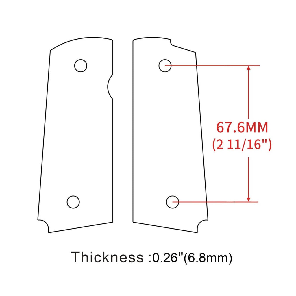 Grip panel dimensions diagram: 67.6mm height, 2.11in thickness 6.8mm, 0.26in shown