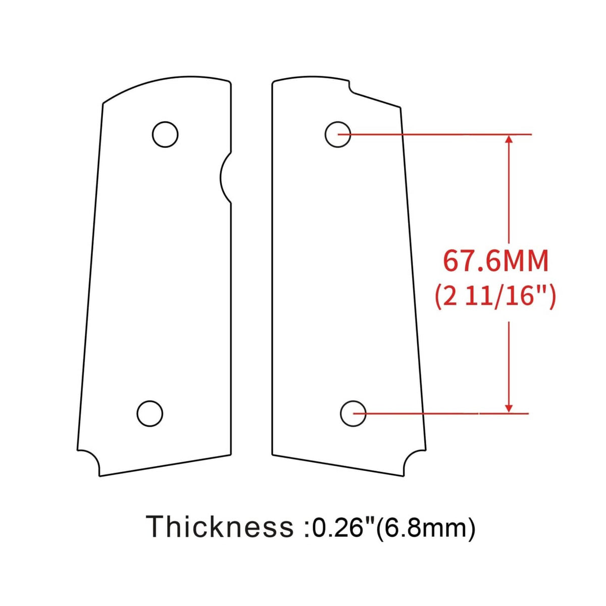 Grip panel dimensions diagram: 67.6mm height, 2.11in thickness 6.8mm, 0.26in shown