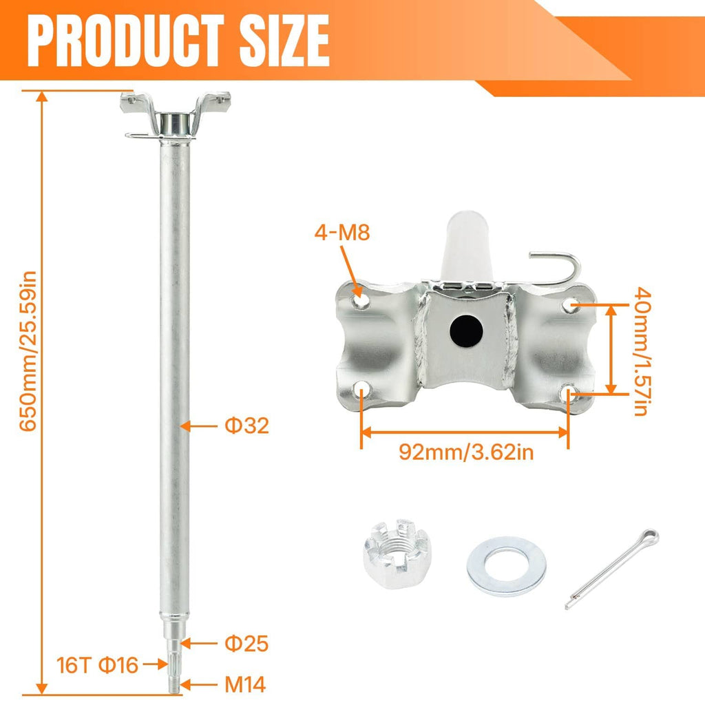 Metal steering stem shaft with top clamp and hardware, with size measurements diagram