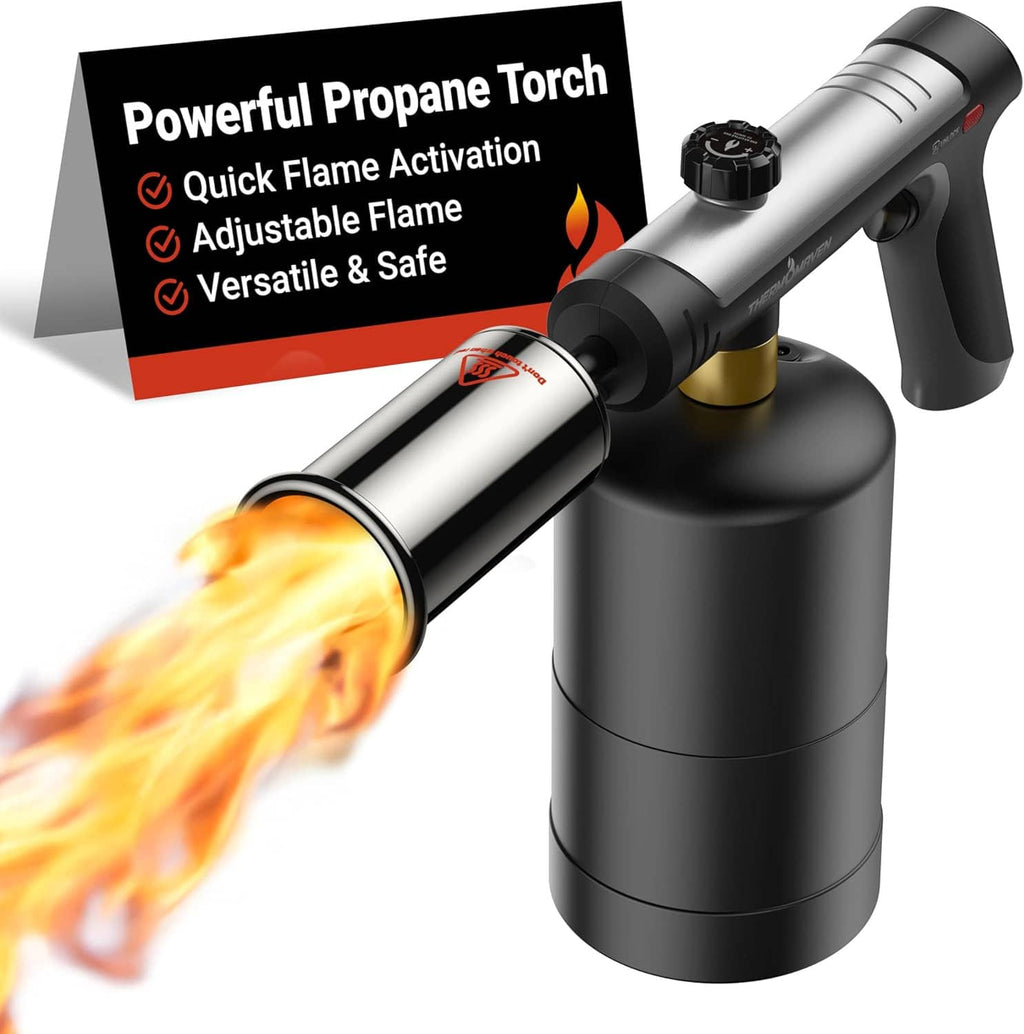Propane torch gun with safety lock and adjustable nozzle, firing bright yellow-orange flame