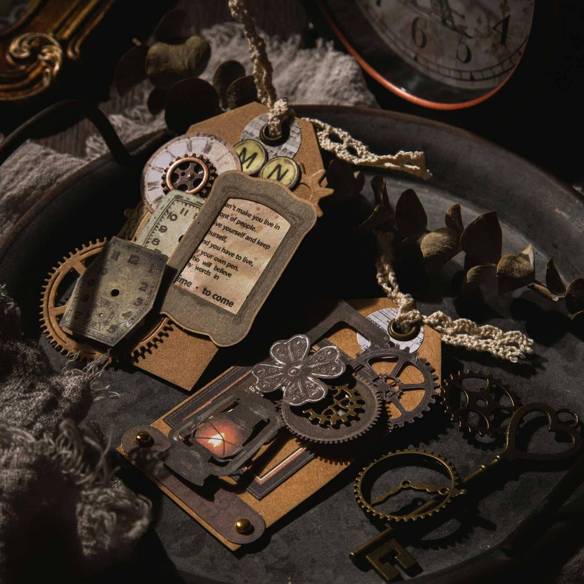 Steampunk junk journal bronze mixed embellishments with clock parts, gears, keys, and charms
