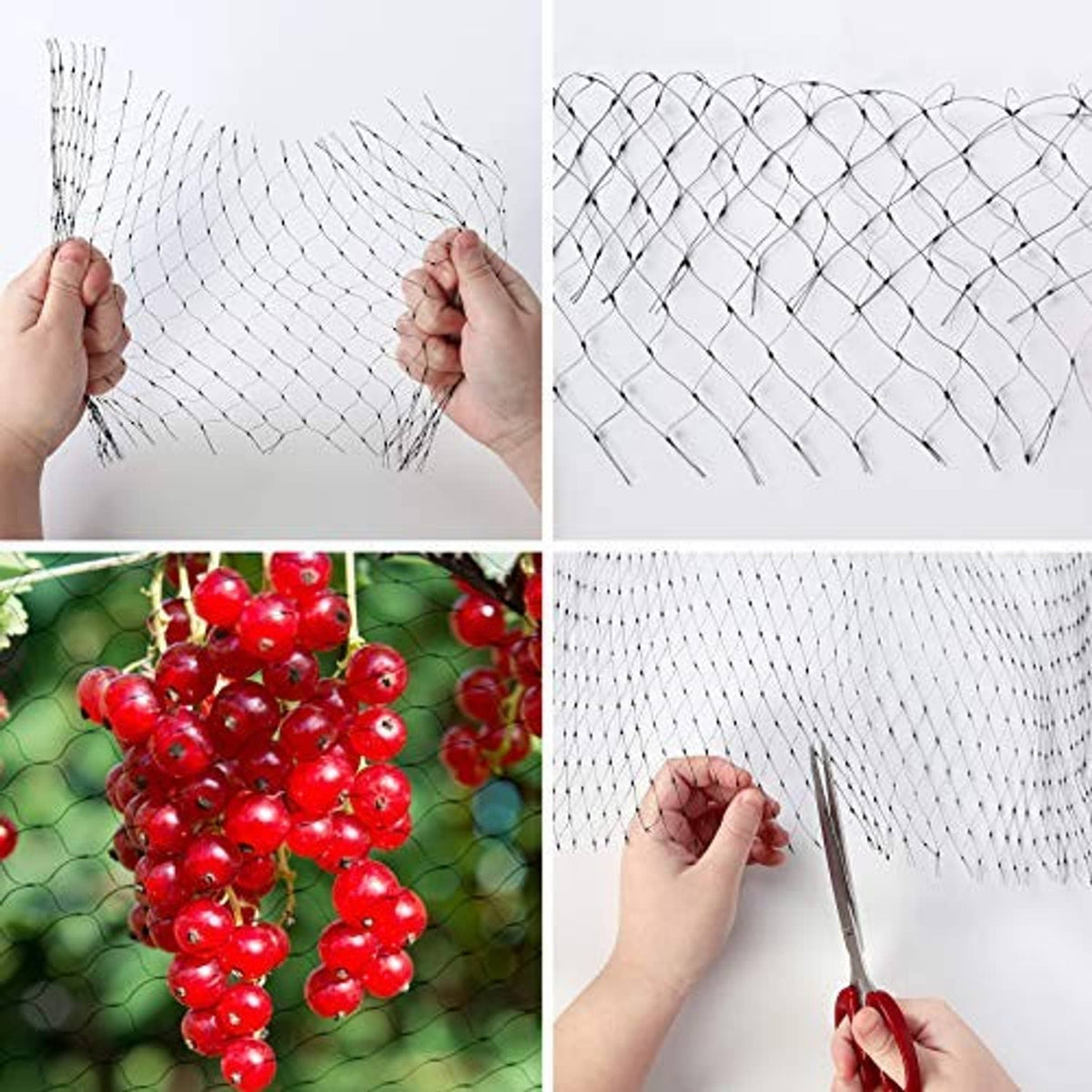 White mesh bird netting sheet with hands holding and stretching the grid