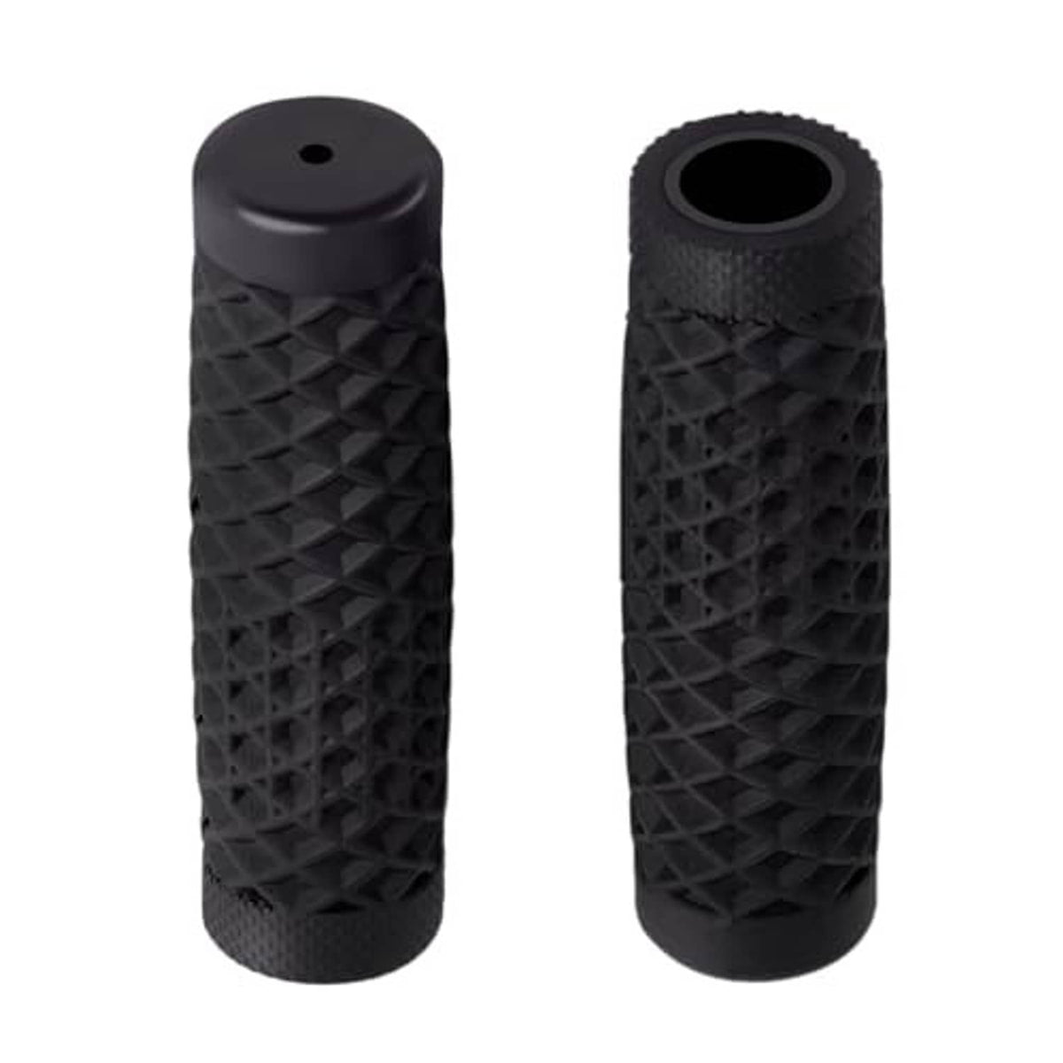 Two black textured handlebar grips with diamond crisscross pattern and open center