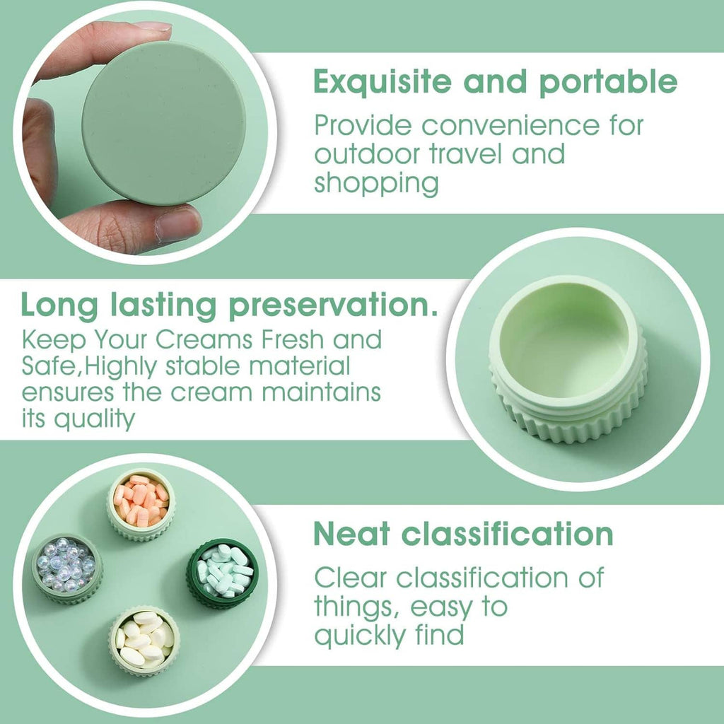 Green silicone travel jar held in hand with lid open, showing the empty container
