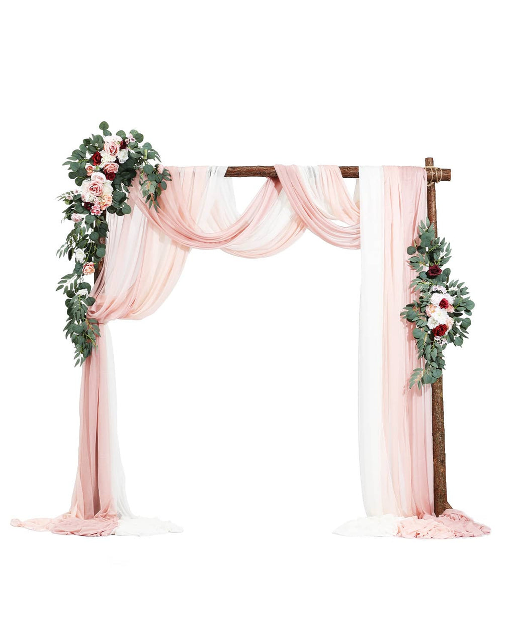 Pink wedding arch drape kit with two artificial floral corner garlands and sheer fabric