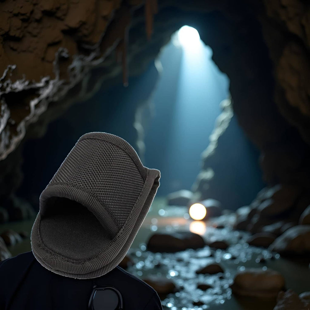 Open-top black flashlight holder pouch on a surface near water splashes.