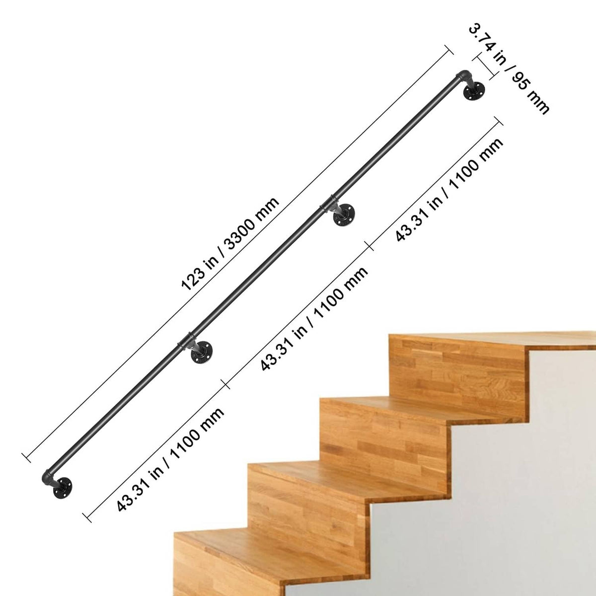 Matte black stair handrail pipe with multiple round brackets; layout dimensions marked