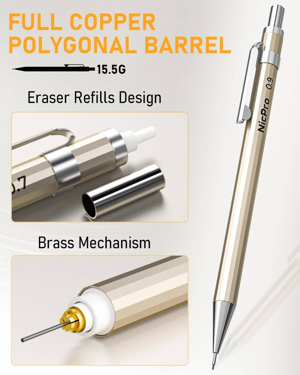 Full copper mechanical pencil with brass mechanism and eraser refill design