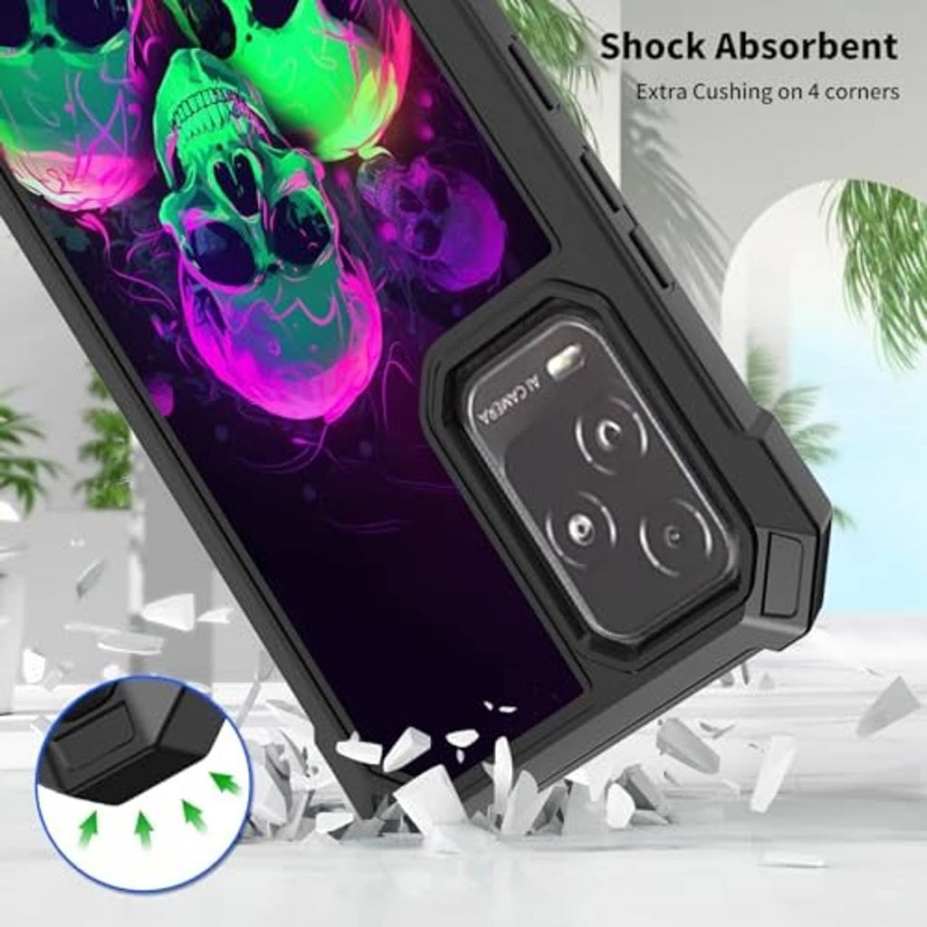 Rugged phone case with neon skull graphic, thick corners for impact protection