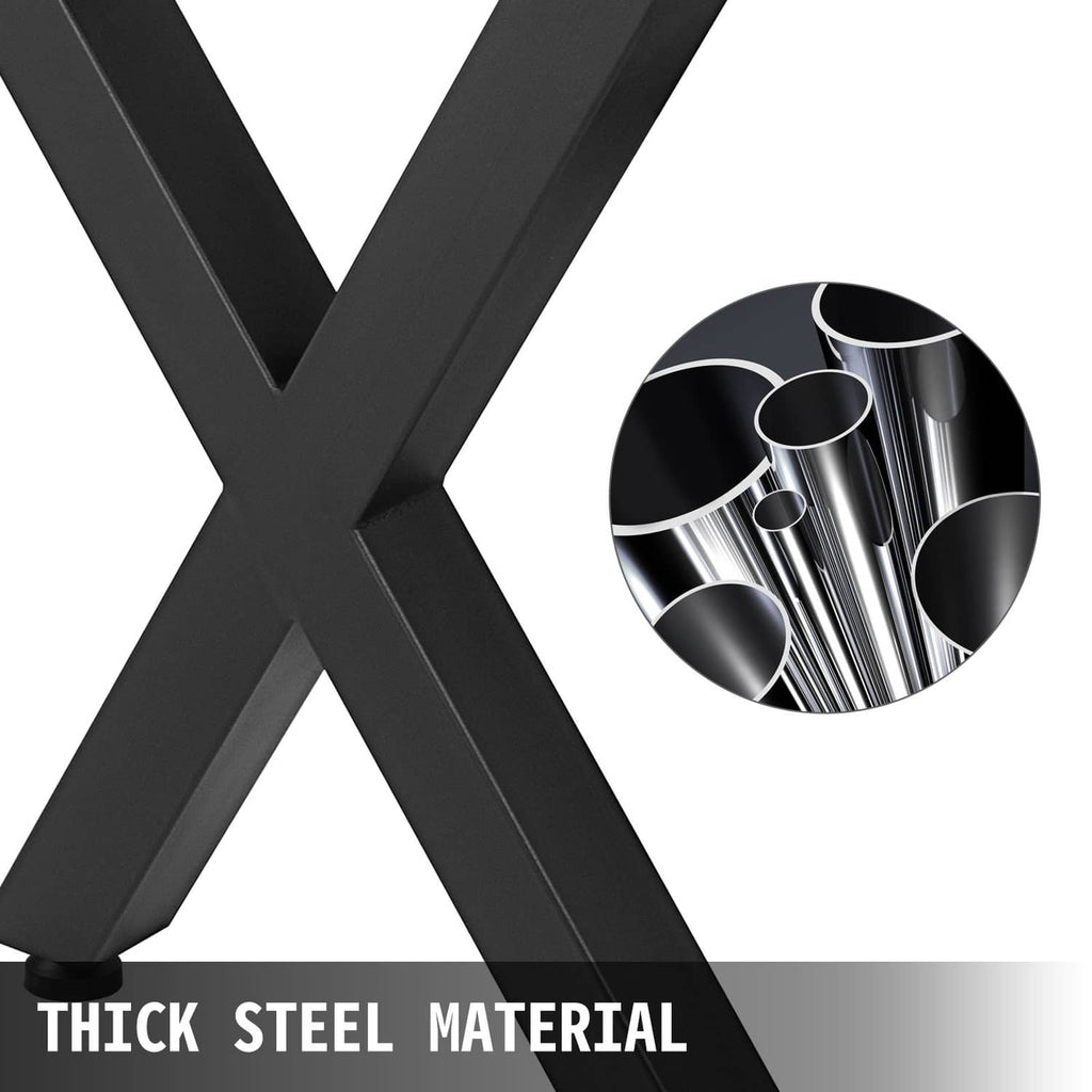 Black X-frame metal legs with steel tube cross-bracing, close-up