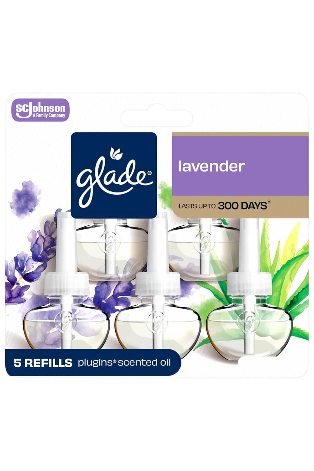 Glade PlugIns lavender refill pack with 5 scented oil plugs for air freshener
