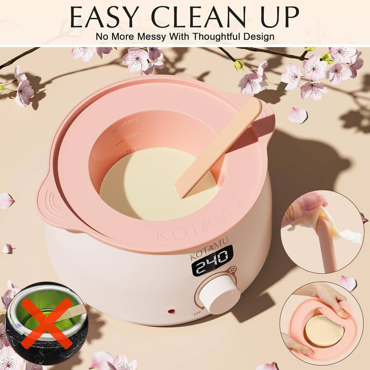 KOTAMU hard wax warmer with pink silicone pot and lid, digital display 240