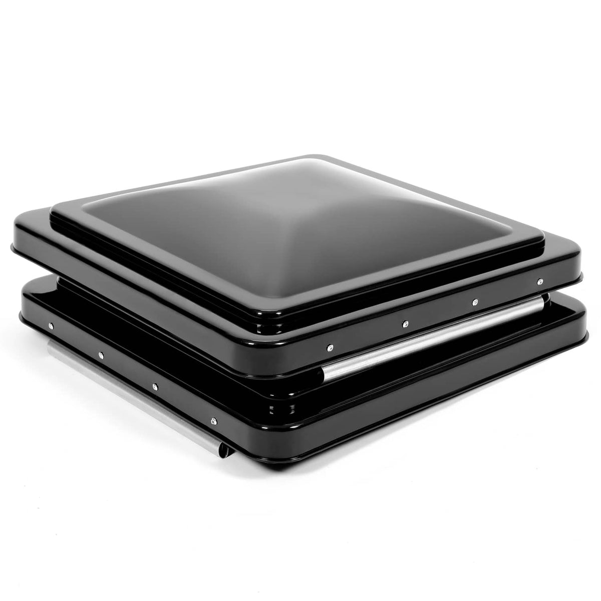 Stacked black RV roof vent covers with side latch and tinted window