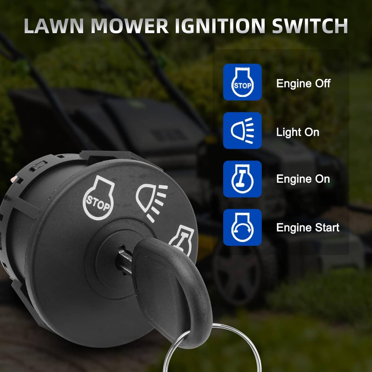 Black lawn mower ignition switch with key cylinder and icon positions
