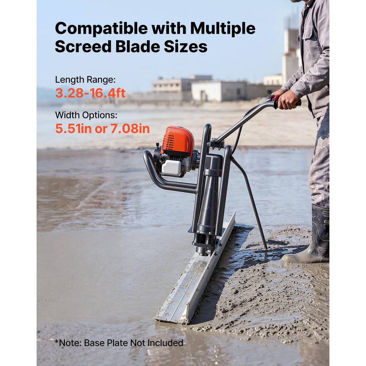 Gas-powered concrete screed machine with engine and adjustable frame for blade use