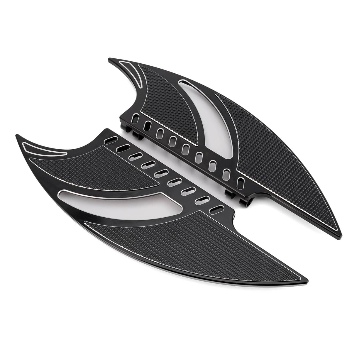 Motorcycle front floorboards, black textured dual plates with silver trim and slotted channels