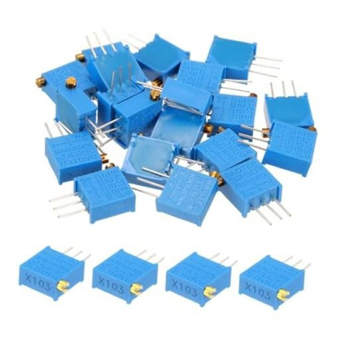 Blue multiturn trimmer potentiometers with gold posts and three-pin housings, assorted set