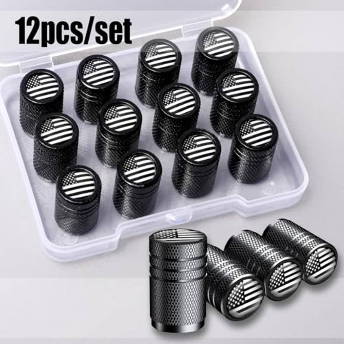 12-piece set of black aluminum tire valve stem caps with American flag round tops