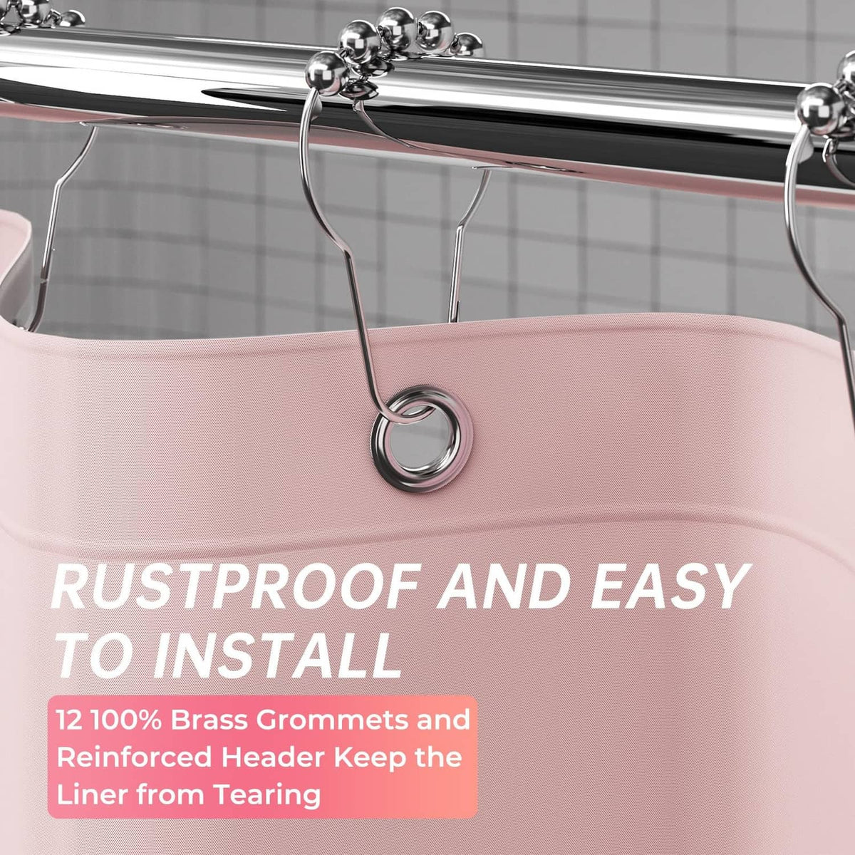 Light pink shower curtain with rustproof grommets and metal hanging rings