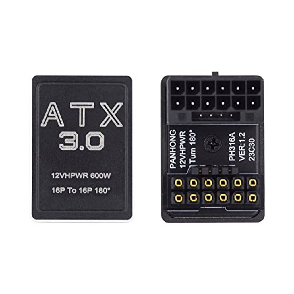 ATX 3.0 12VHPWR 600W 16P to 16P 180° adapter module, front and pin side views