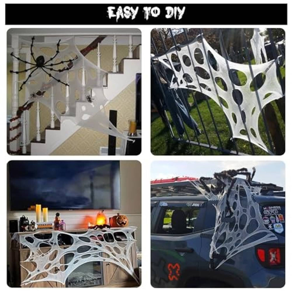 Halloween spider web decoration stretched for indoor or outdoor display with black spiders