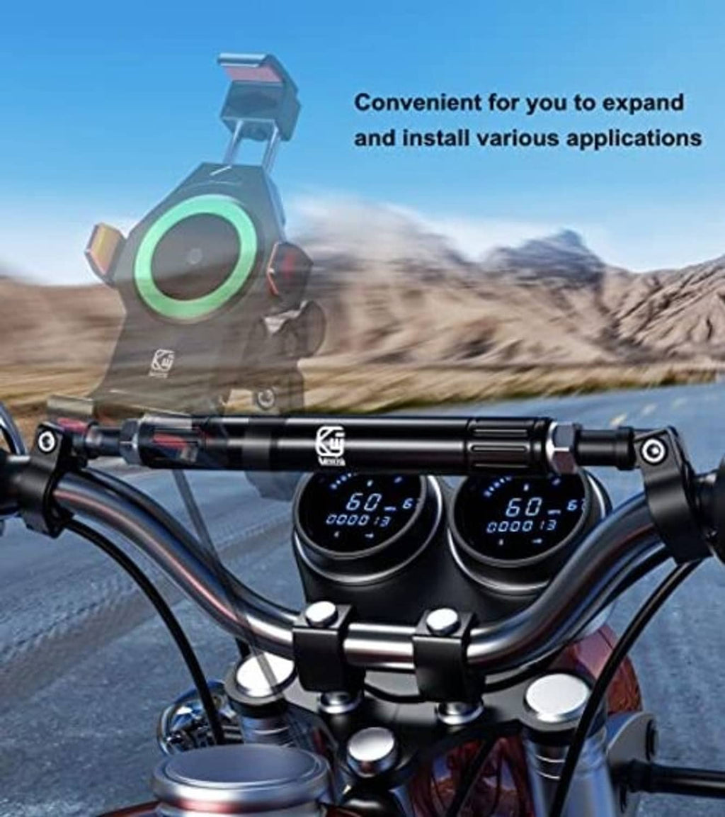 Motorcycle telescopic cross bar installed on handlebars, black with end mounts