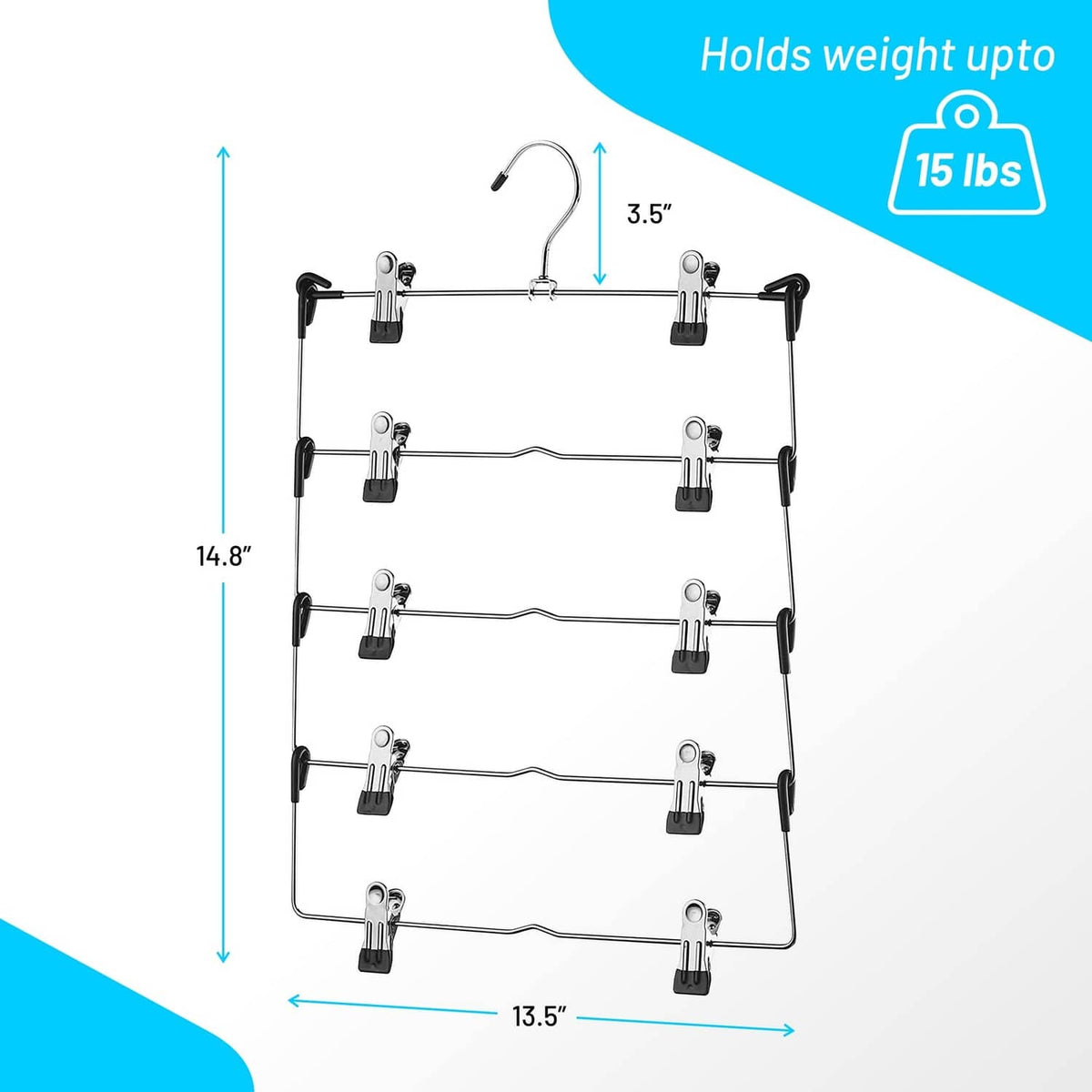 Deilsy 5-tier skirt hanger with three bar tiers and multiple secure clips