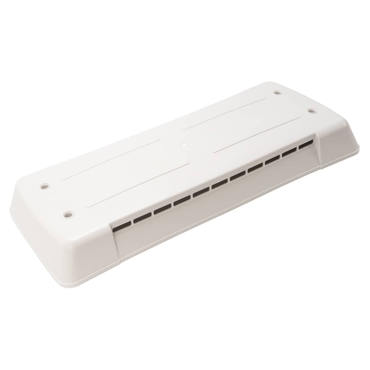 White refrigerator vent cover with louvered grille and side mounting holes