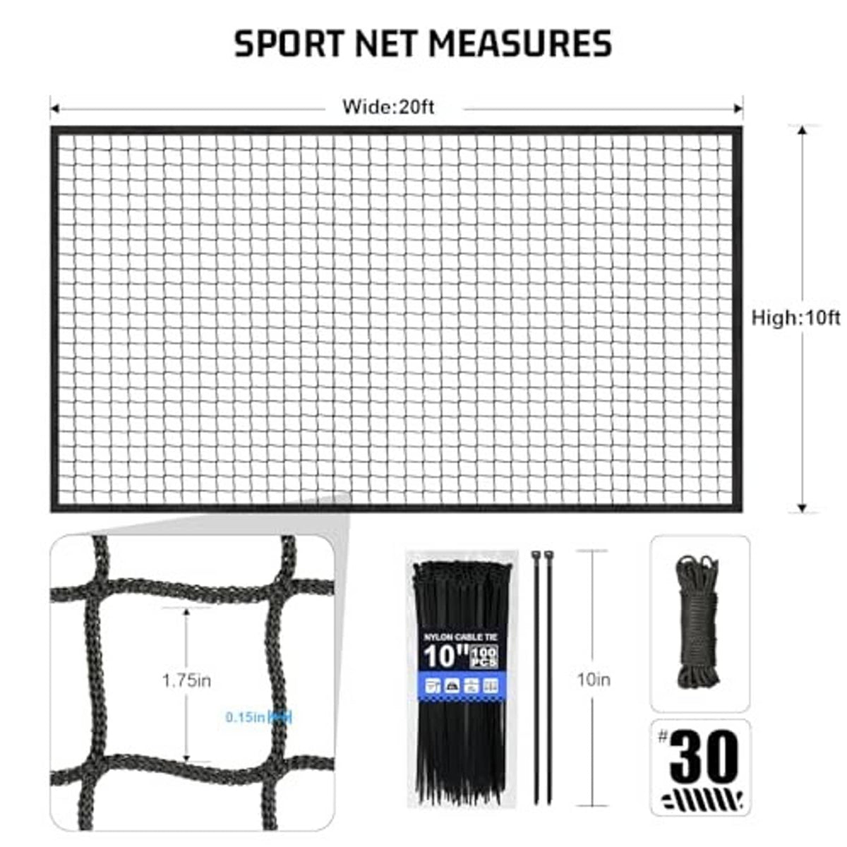 10x20 ft baseball backstop net with white mesh grid and nylon cord tie kit