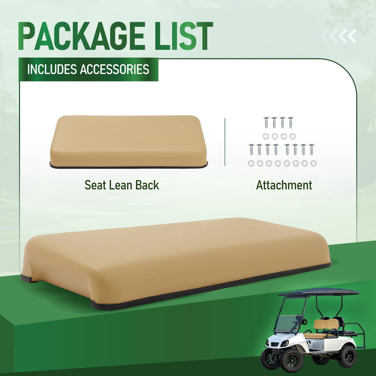 Tan seat cushion set for golf cart front, includes attachment hardware