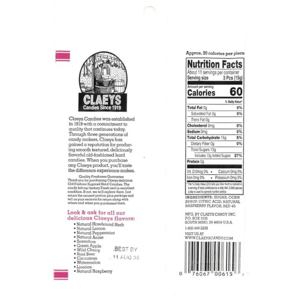 Raspberry hard candy bag back label with Nutrition Facts and ingredients