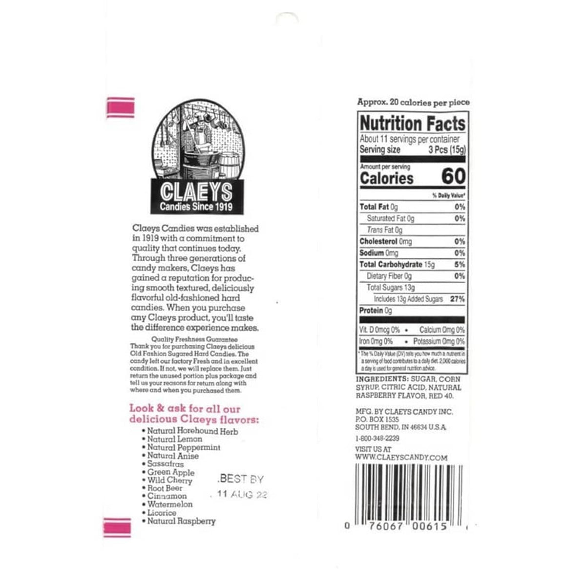 Raspberry hard candy bag back label with Nutrition Facts and ingredients