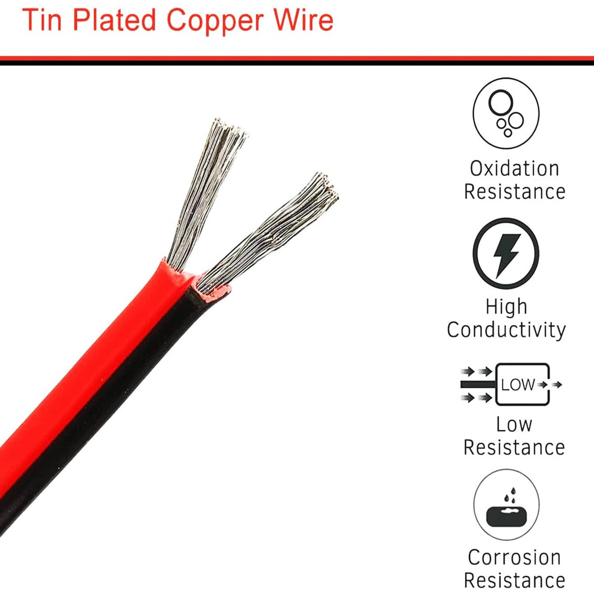 Red and black tinned copper two-strand wire with exposed ends, PVC insulated
