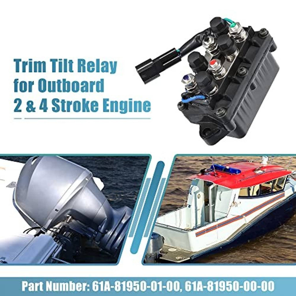 Outboard trim relay with black housing, metal posts, and blue/green wiring