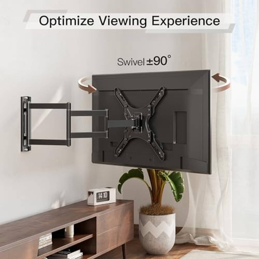 Black TV wall mount with swiveled TV panel and long extension arm