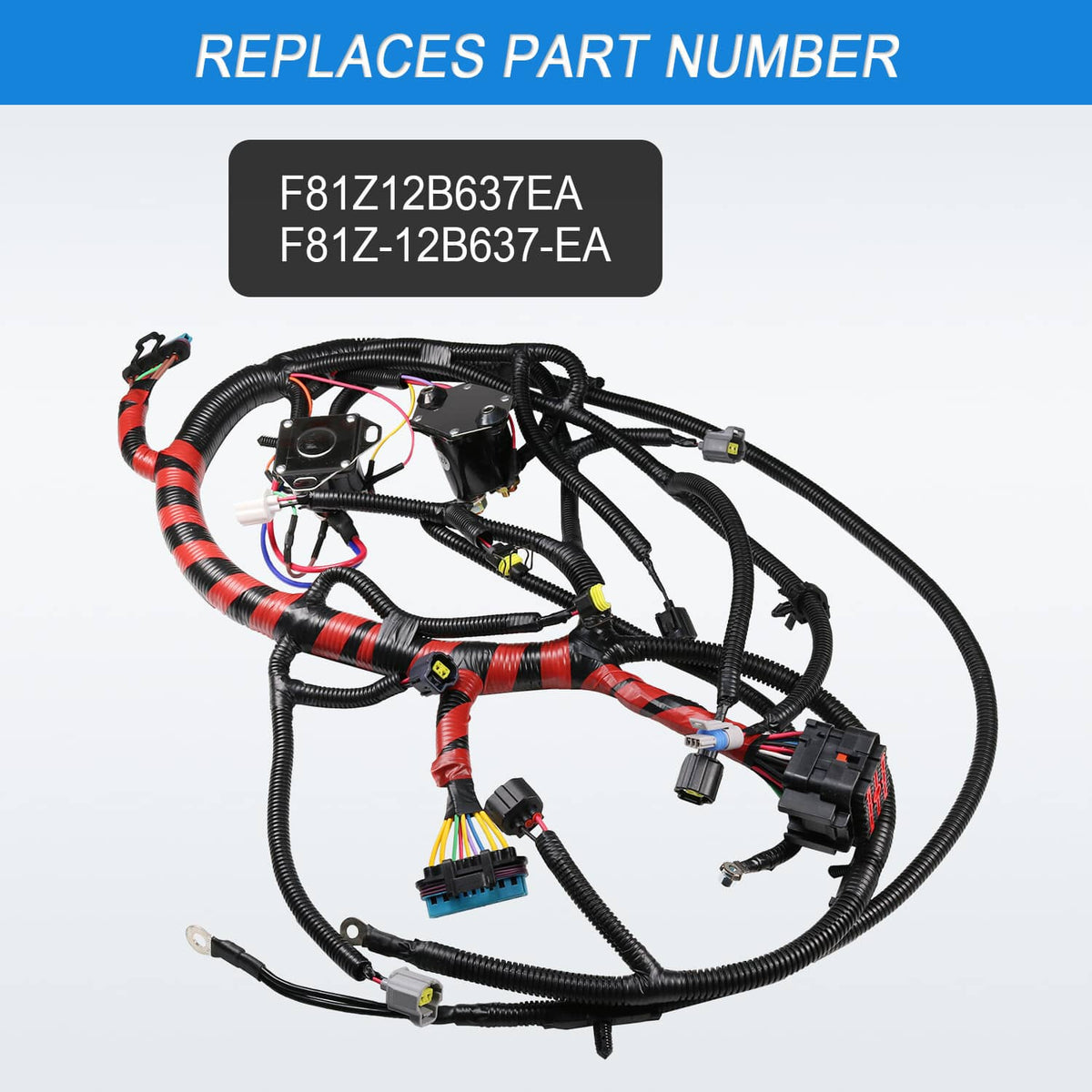 Engine wiring harness kit with black wiring, red-striped sleeve, and assorted electrical connectors