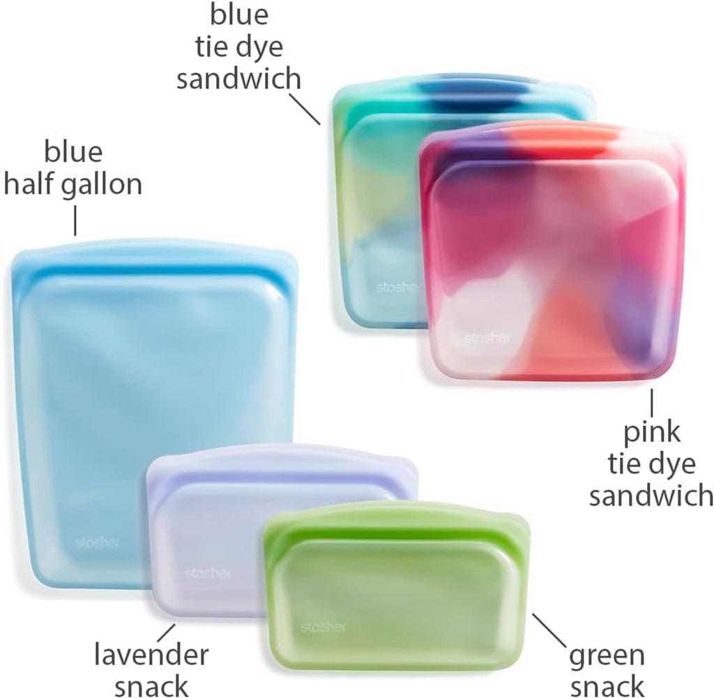 Set of five tie-dye reusable silicone storage bags in blue, pink, lavender, and green