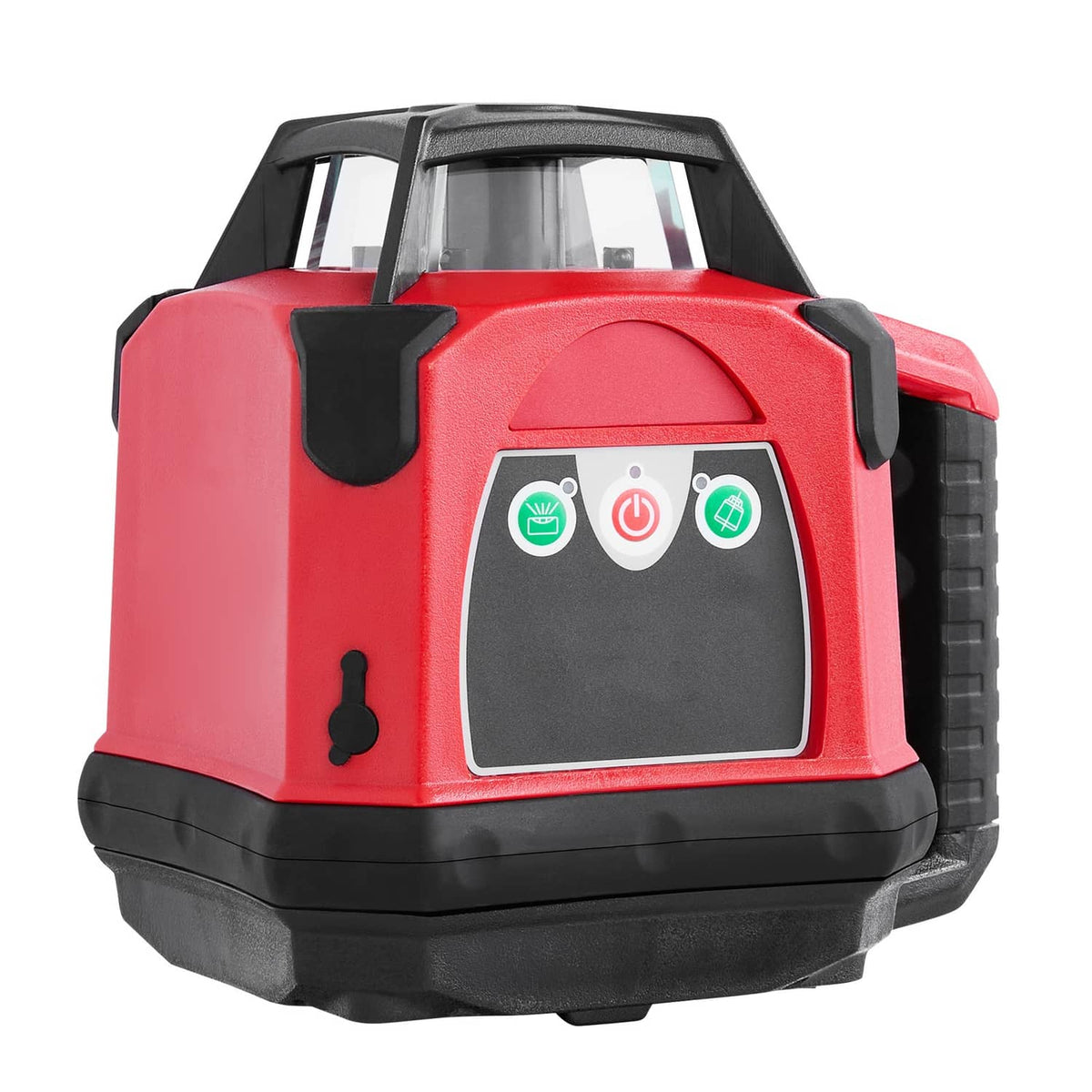 Red rotary laser level front view with control panel and side handle