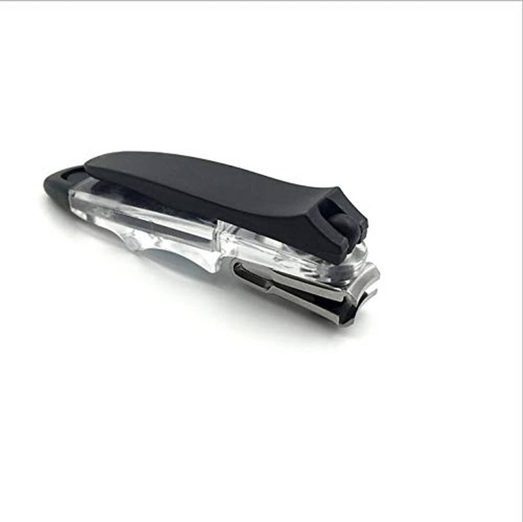 Nail clipper with black handle and clear body, angled top view