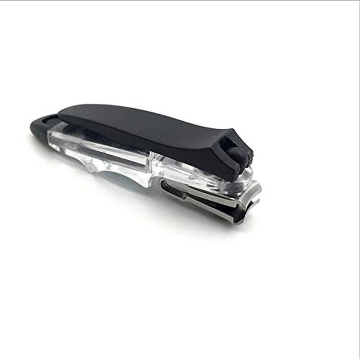 Nail clipper with black handle and clear body, angled top view
