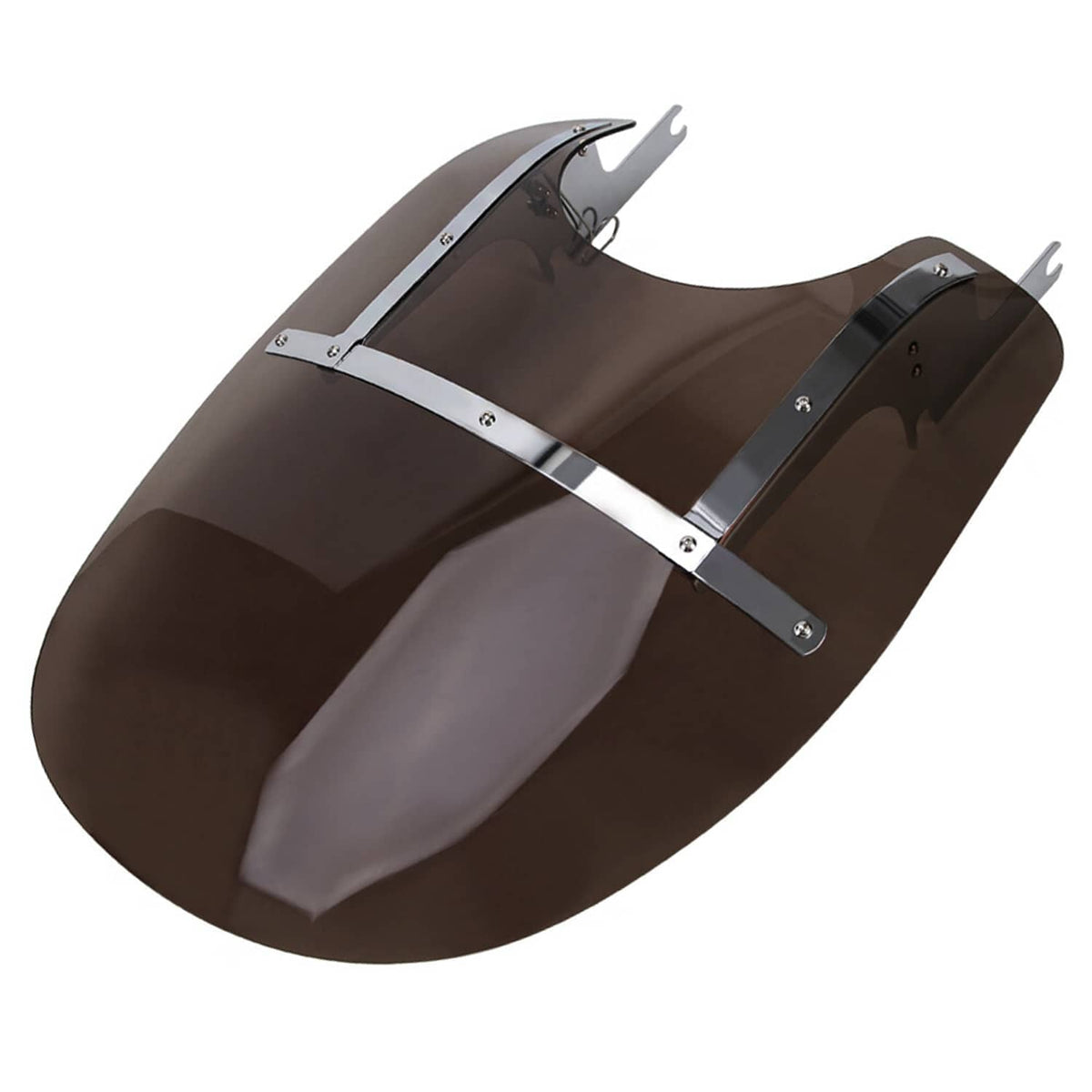 Smoked motorcycle windshield with chrome mounting strap, curved shield and side supports
