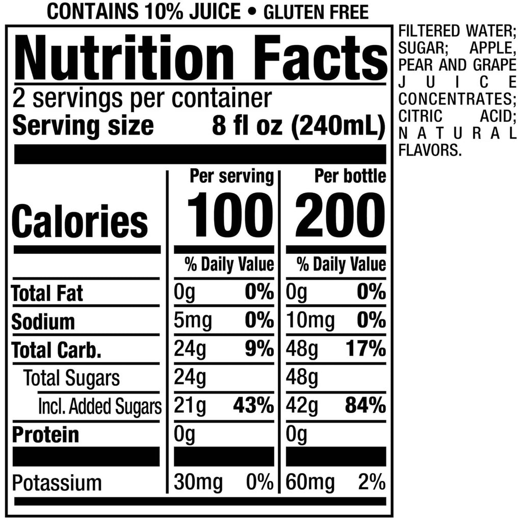 Snapple fruit punch Nutrition Facts label close-up with serving size and calories