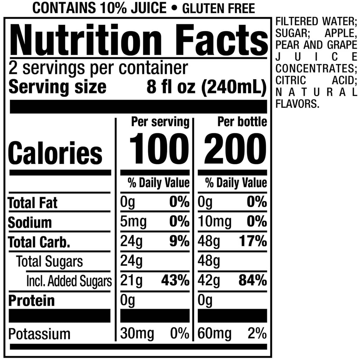 Snapple fruit punch Nutrition Facts label close-up with serving size and calories